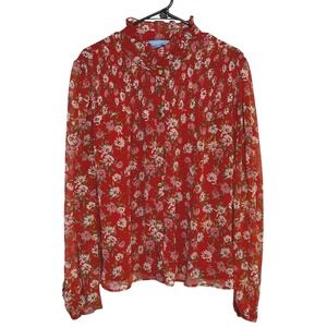 Draper James Red Floral Button Down Blouse XXL Long Sleeve